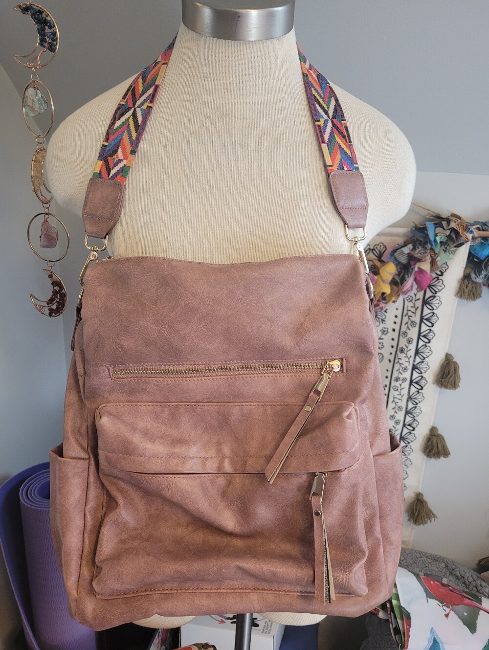Woven Strap Faux Leather Backpack - Rose Brown